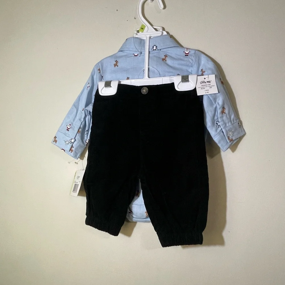 Little Me Boys‎ Infant 3 month 2 Piece Christmas pant shirt tie embroidered NWT